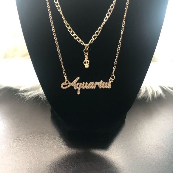 18 K Gold Plated Double Layer Diamond  Aquarius Zodiac Sign Necklace - Picture 3 of 5